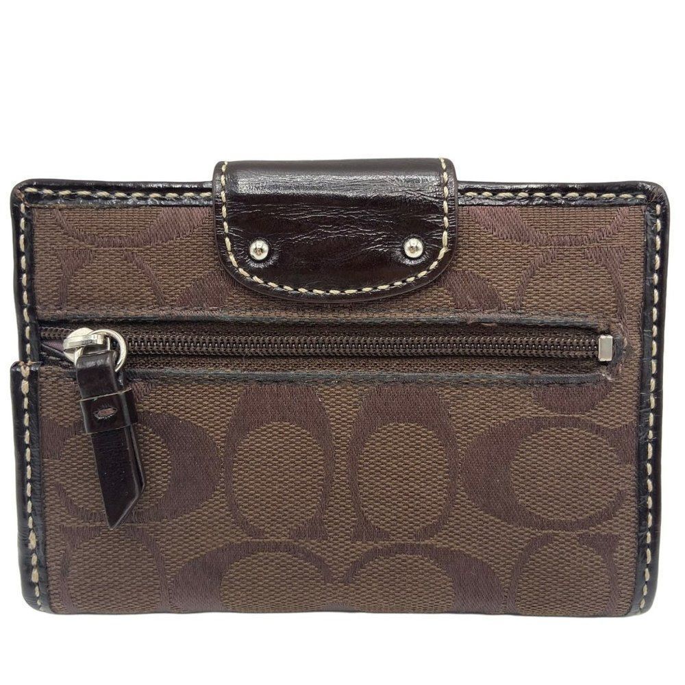 Classic Coach Signature Canvas Bifold Turn lock Wallet  with leather Trim Brown - Picture 2 of 10
